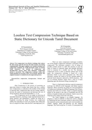 Lossless Text Compression Technique Based on Static Dictionary for Unicode Tamil Document