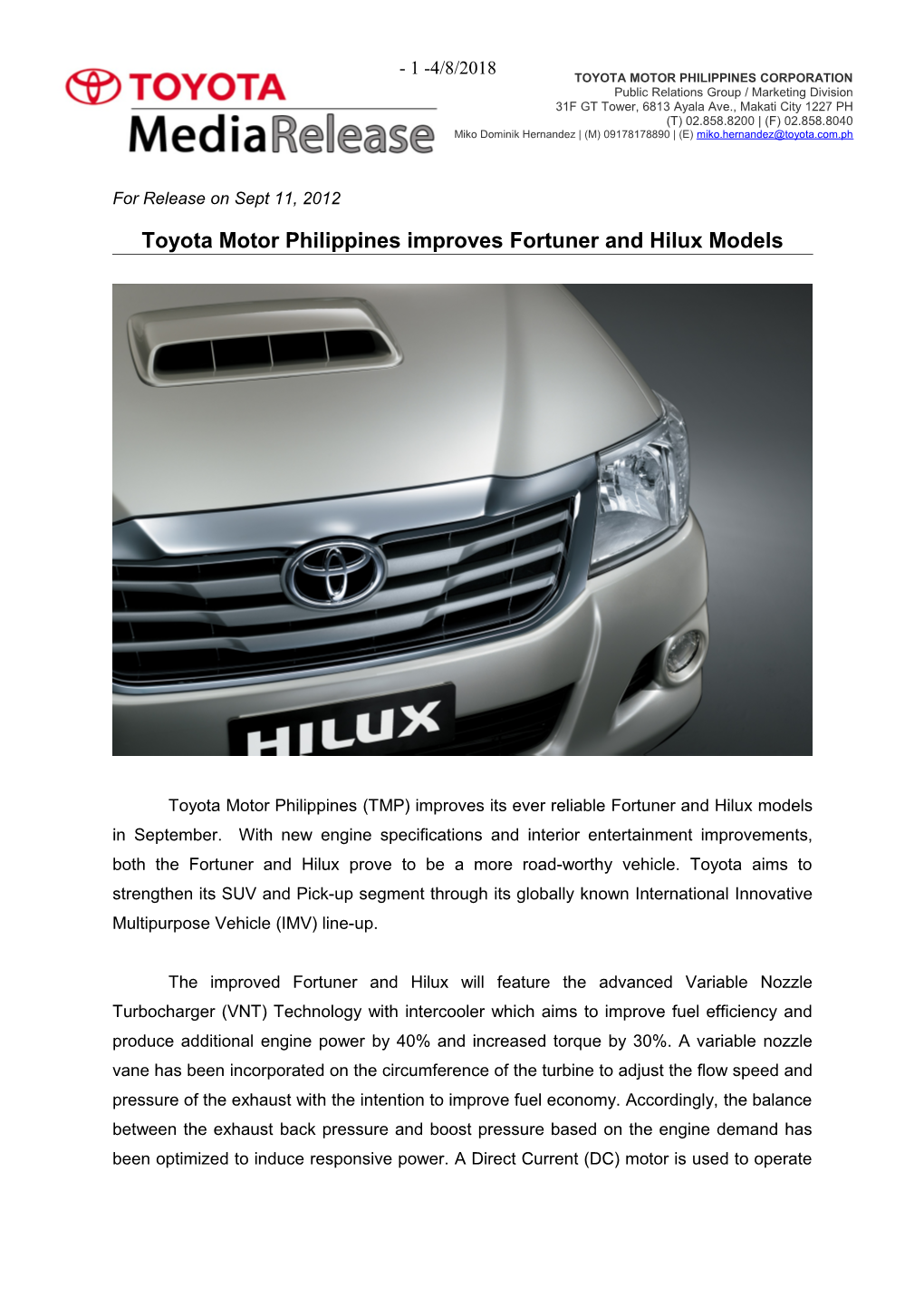 Toyota Motor Philippines Corporation (TMP) Has Started Its Operations in the Country In