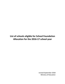 List of Schools Eligible for School Foundation Allocation for the 2016‐17 School Year