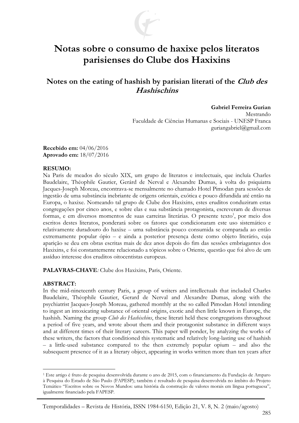 Notas Sobre O Consumo De Haxixe Pelos Literatos Parisienses Do Clube Dos Haxixins