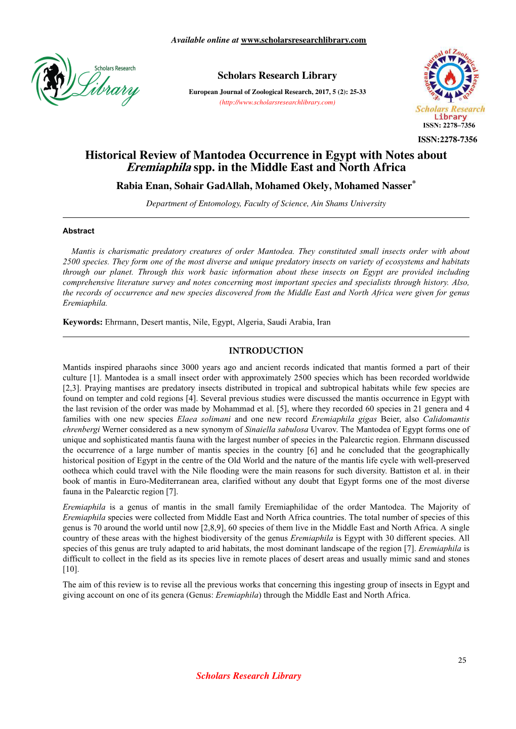 Historical Review of Mantodea Occurrence in Egypt with Notes About Eremiaphila Spp