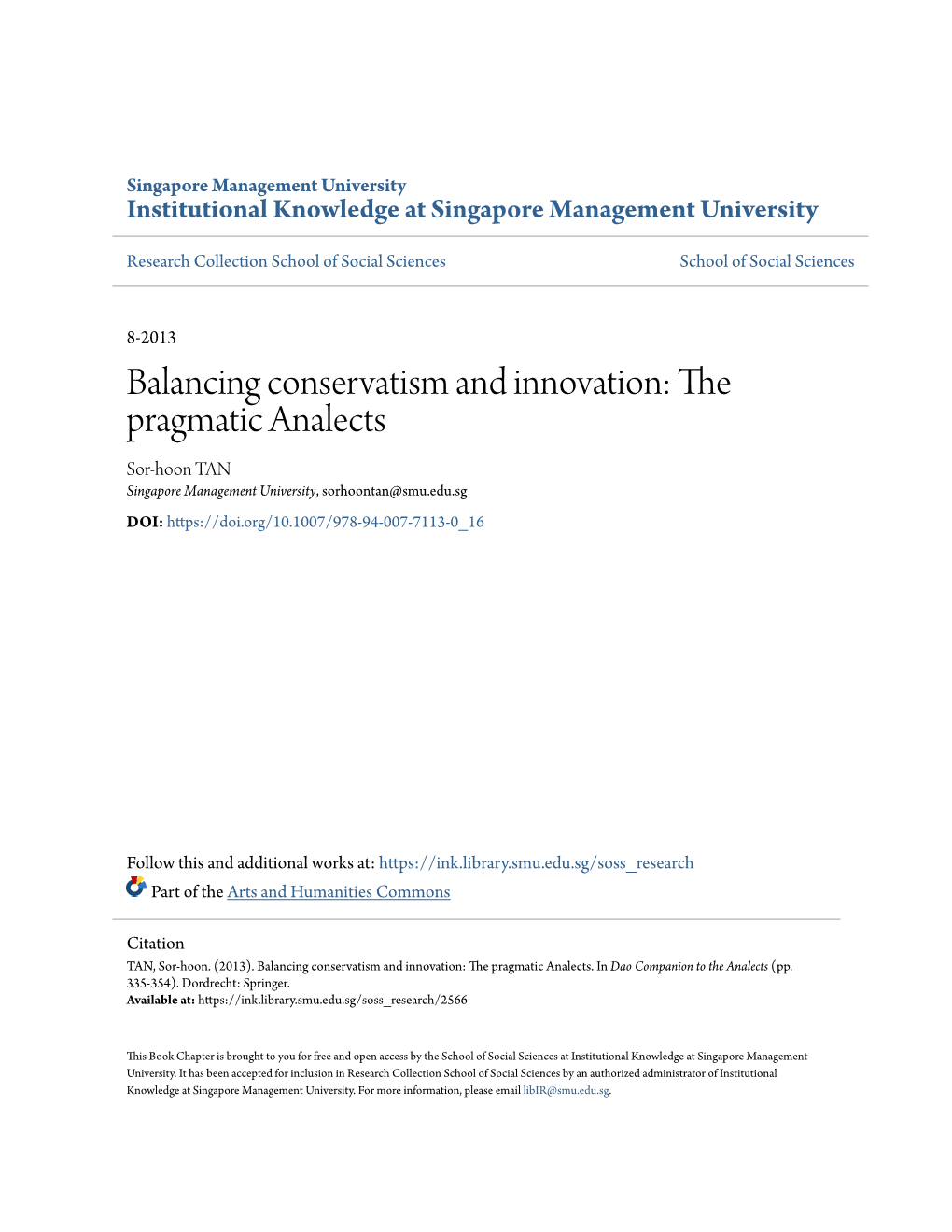 The Pragmatic Analects Sor-Hoon TAN Singapore Management University, Sorhoontan@Smu.Edu.Sg DOI