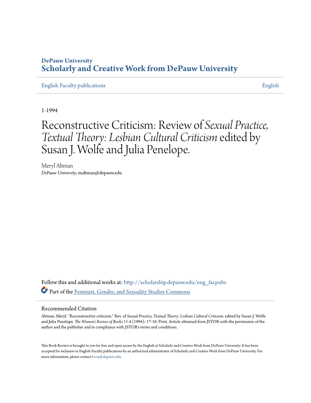 Reconstructive Criticism: Review of Sexual Practice, Textual Theory: Lesbian Cultural Criticism Edited by Susan J