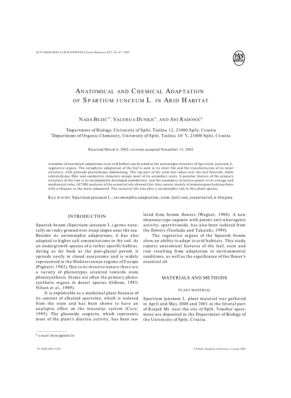 Anatomical and Chemical Adaptation of Spartium Junceum L