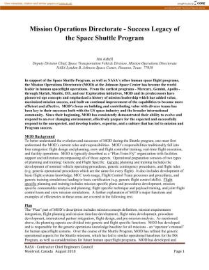 Mission Operations Directorate - Success Legacy of the Space Shuttle Program