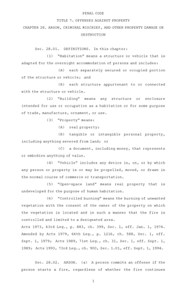 Penal Code Chapter 28. Arson, Criminal Mischief, and Other Property Damage Or Destruction