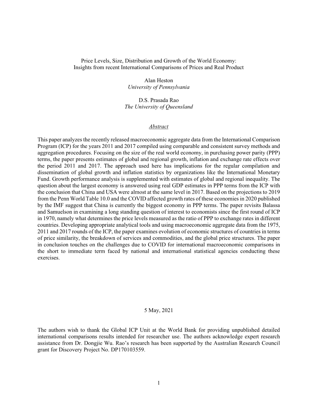 1 Price Levels, Size, Distribution and Growth of the World Economy