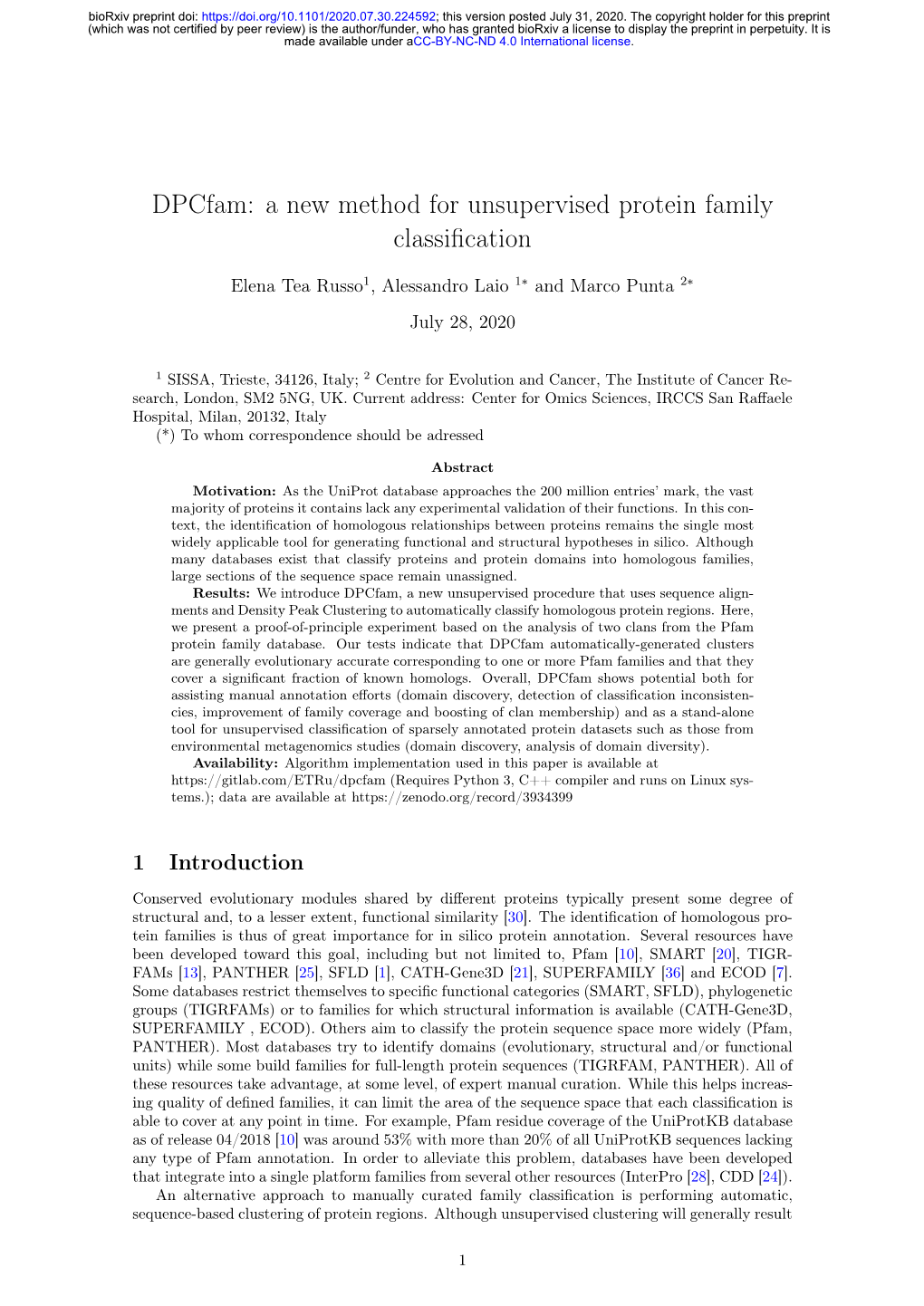 Dpcfam: a New Method for Unsupervised Protein Family Classiﬁcation