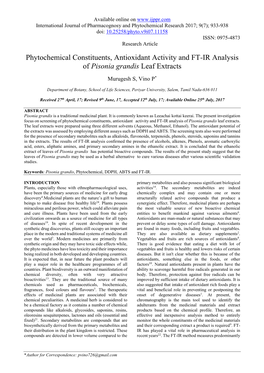 Phytochemical Constituents, Antioxidant Activity and FT-IR Analysis of Pisonia Grandis Leaf Extracts