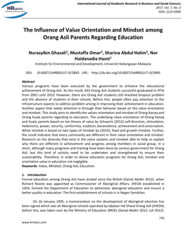 The Influence of Value Orientation and Mindset Among Orang Asli Parents Regarding Education