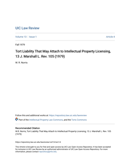 Tort Liability That May Attach to Intellectual Property Licensing, 13 J