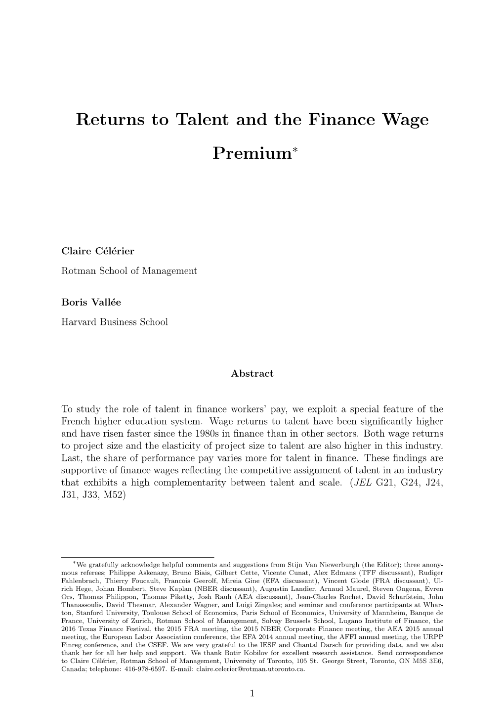 Returns to Talent and the Finance Wage Premium∗