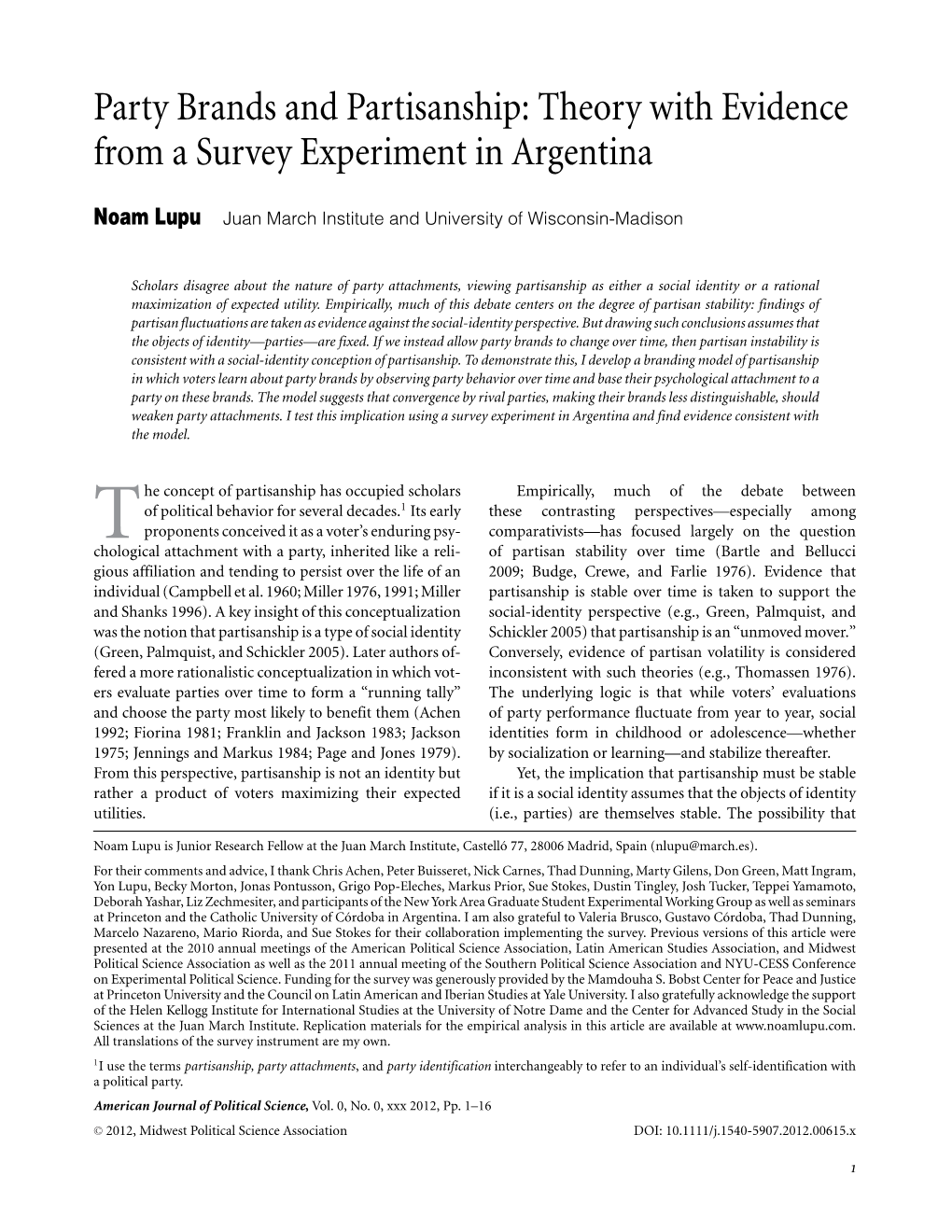 Party Brands and Partisanship: Theory with Evidence from a Survey Experiment in Argentina