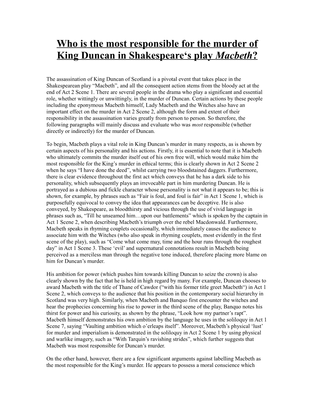 Who Is the Most Responsible for the Murder of King Duncan in Shakespeare S Play Macbeth