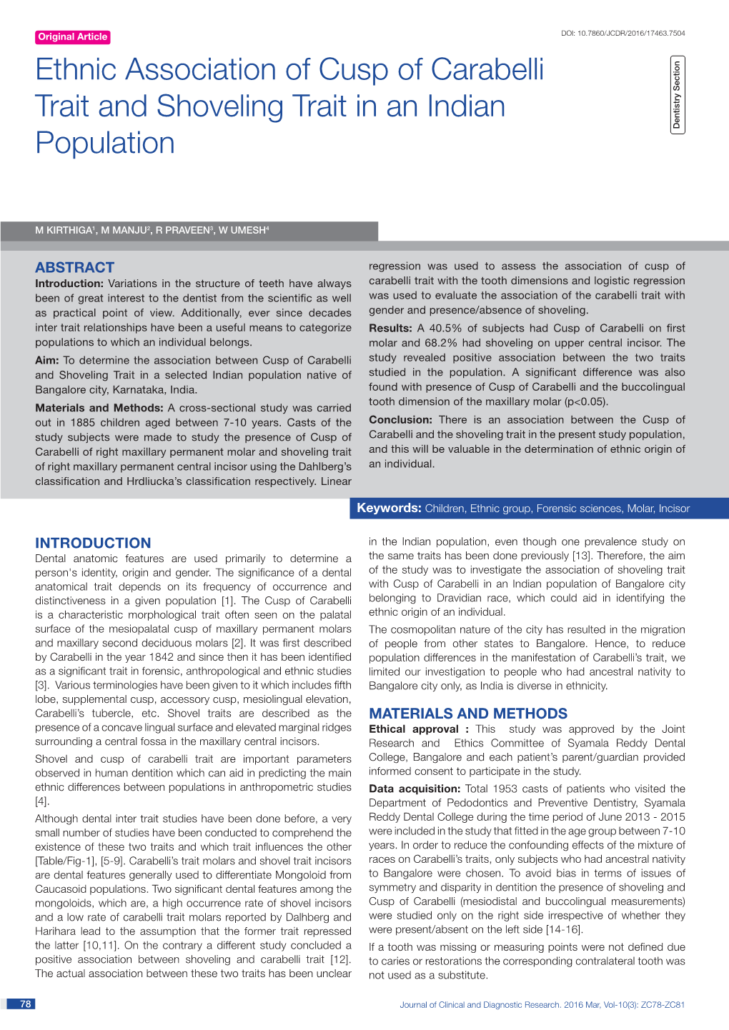 Ethnic Association of Cusp of Carabelli Trait and Shoveling Trait in an Indian Dentistry Section Population