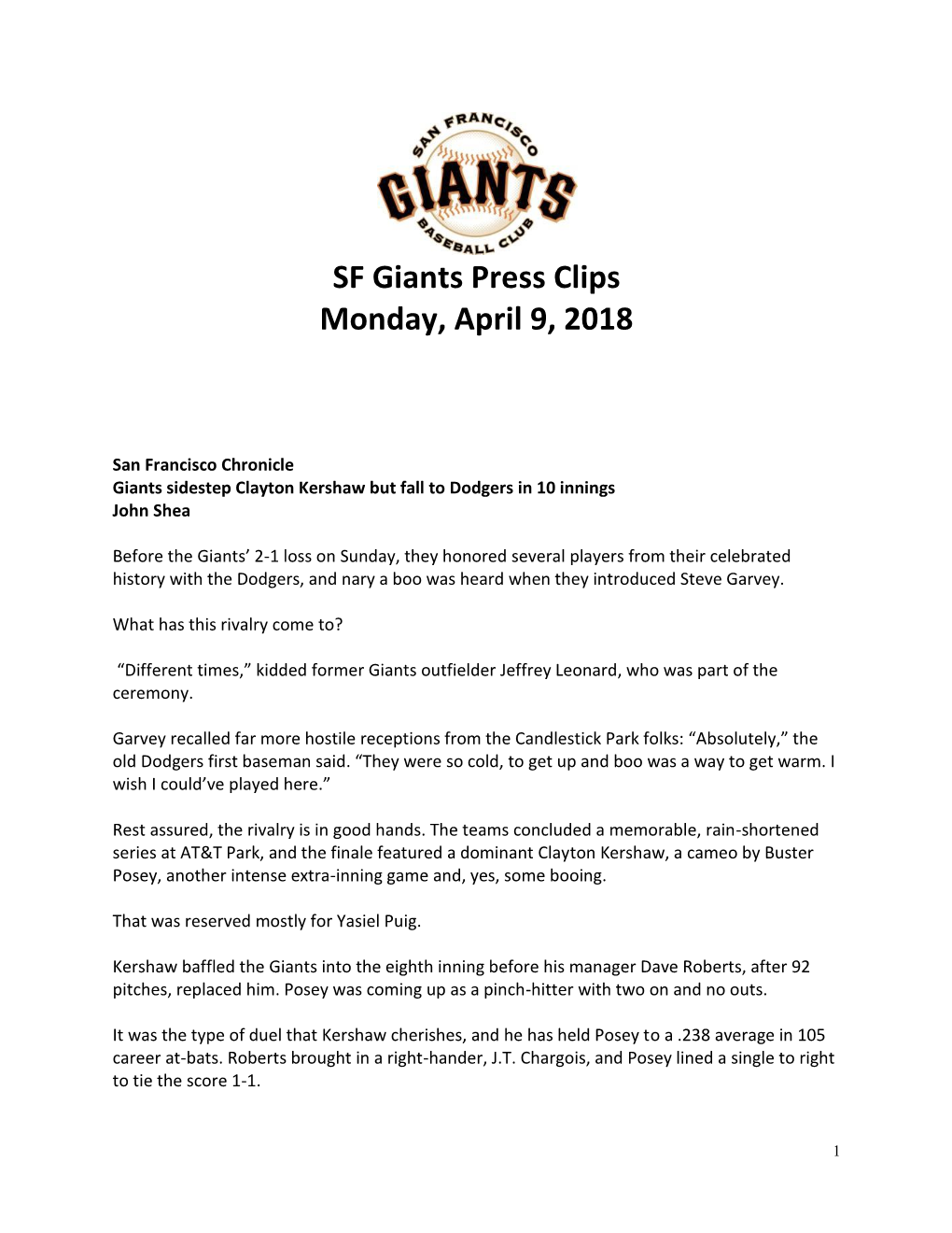 SF Giants Press Clips Monday, April 9, 2018