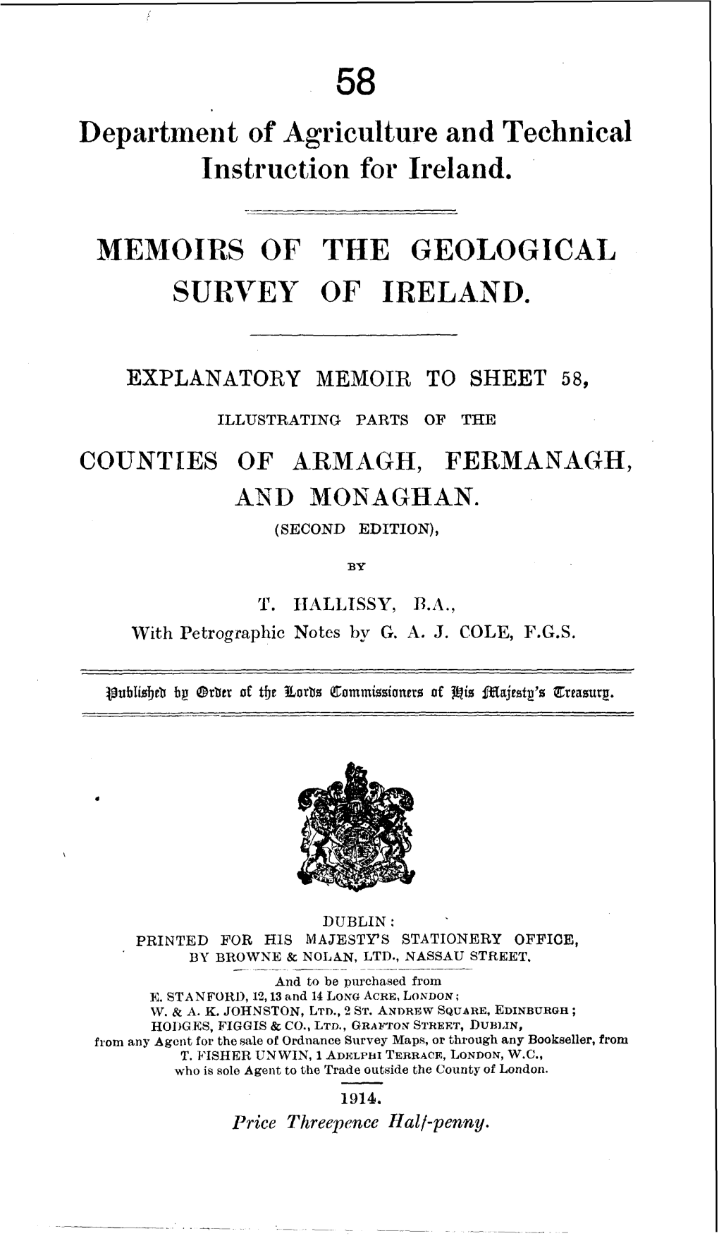 Explanatory Memoir to Accompany Sheet 58 of the Maps of the Geological Survey of Ireland, Illustrating Parts of the Counties Of