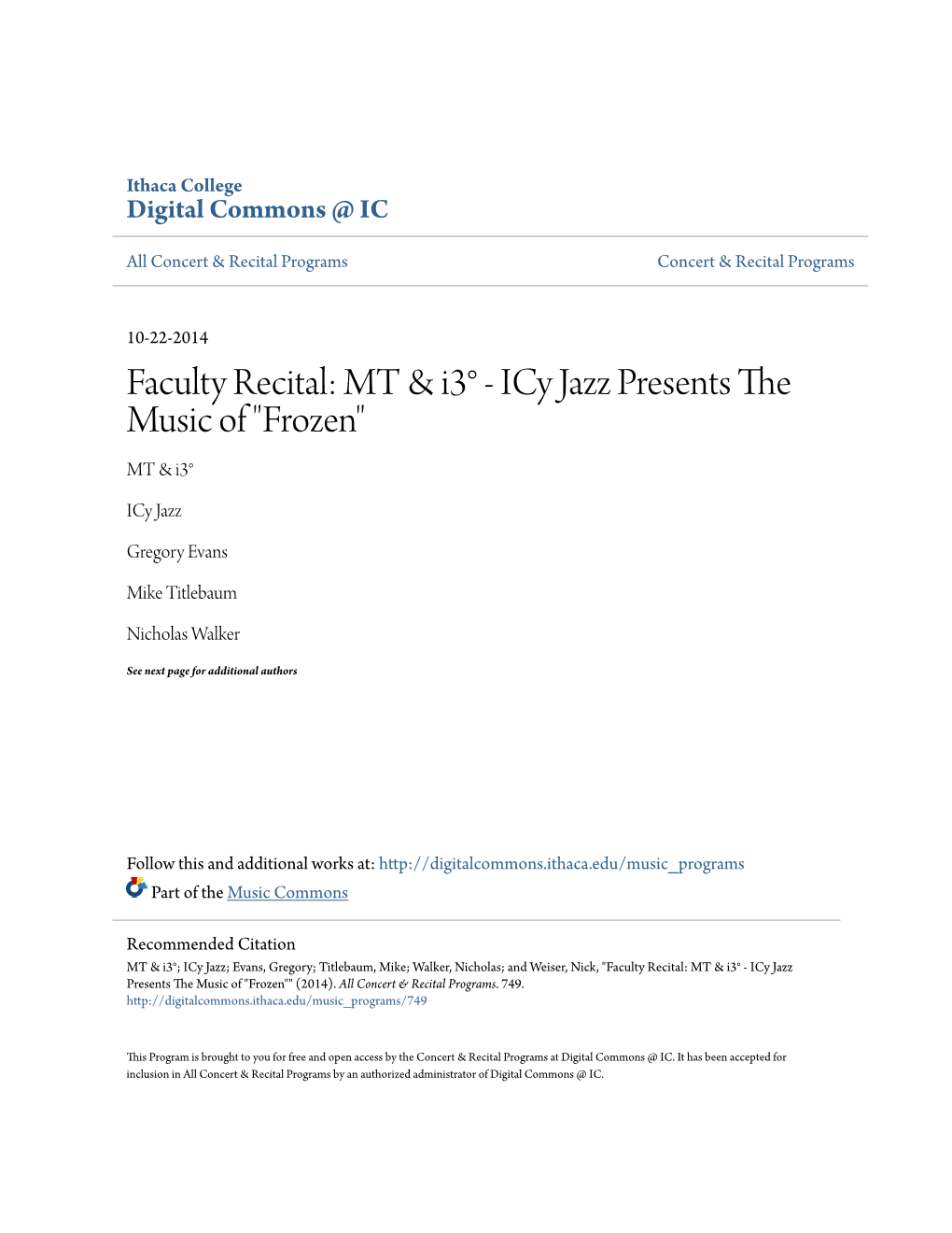 Faculty Recital: MT & I3° - Icy Jazz Presents the Music of 