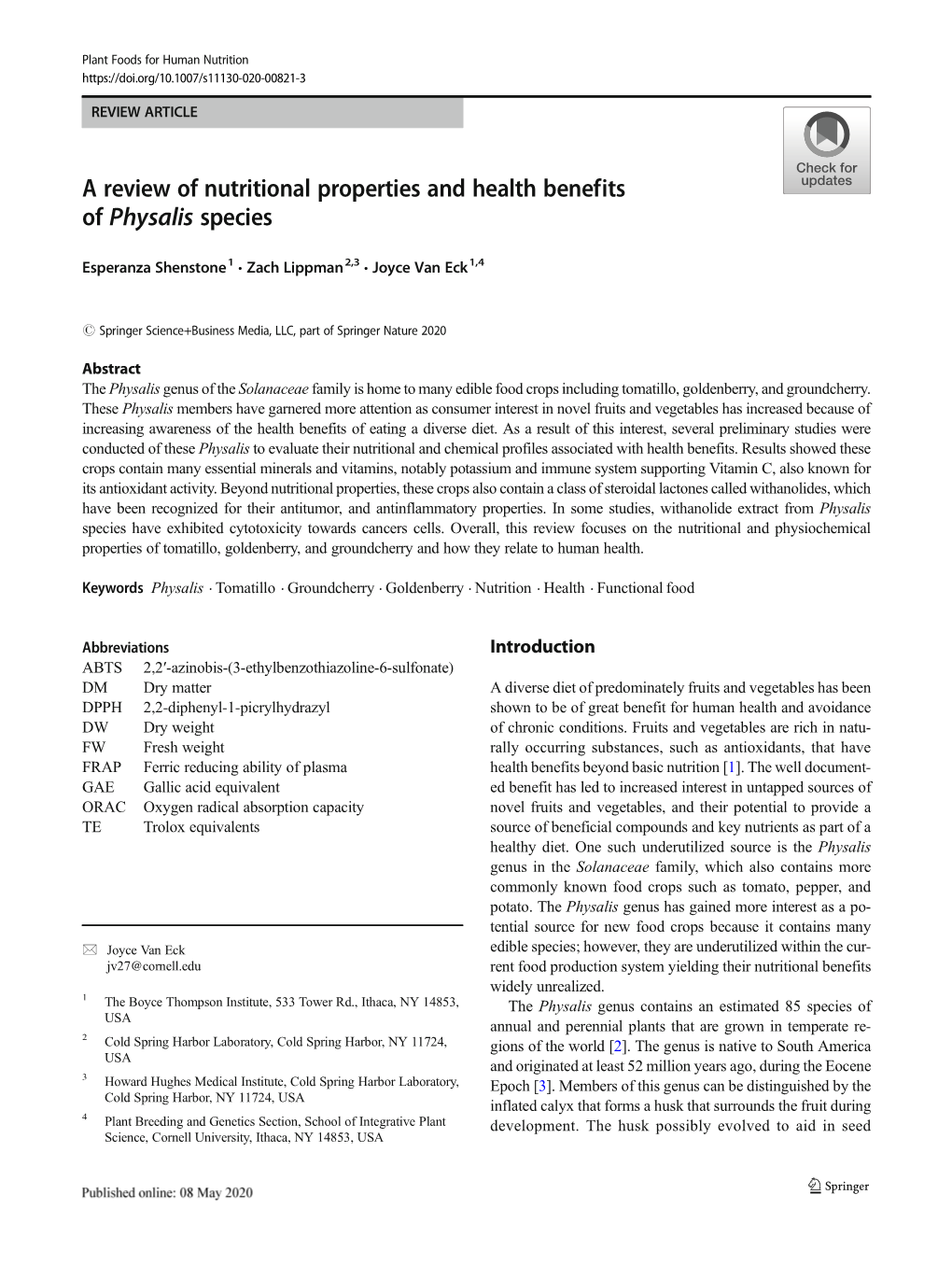 A Review of Nutritional Properties and Health Benefits of Physalis Species