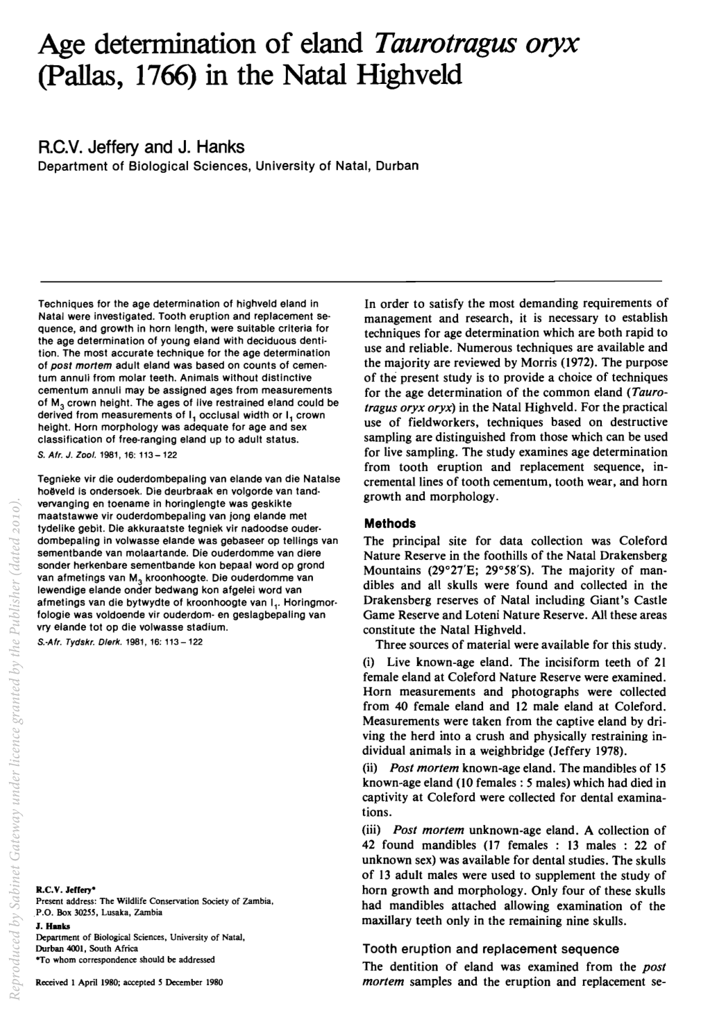 Age Determination of Eland Taurotragus Oryx (Pallas, 1766) in the Natal Highveld