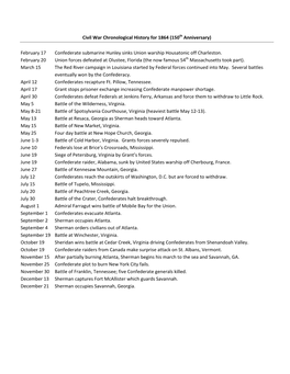 Civil War Chronological History for 1864 (150Th Anniversary) February