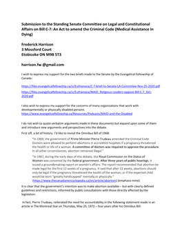 Submission to the Standing Senate Committee on Legal and Constitutional Affairs on Bill C-7: an Act to Amend the Criminal Code (Medical Assistance in Dying)
