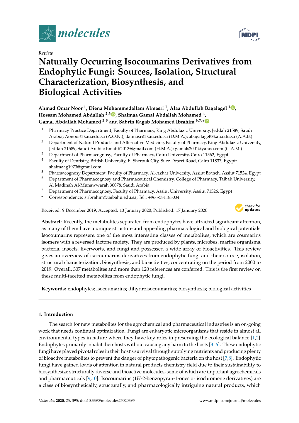 Naturally Occurring Isocoumarins Derivatives from Endophytic Fungi: Sources, Isolation, Structural Characterization, Biosynthesis, and Biological Activities