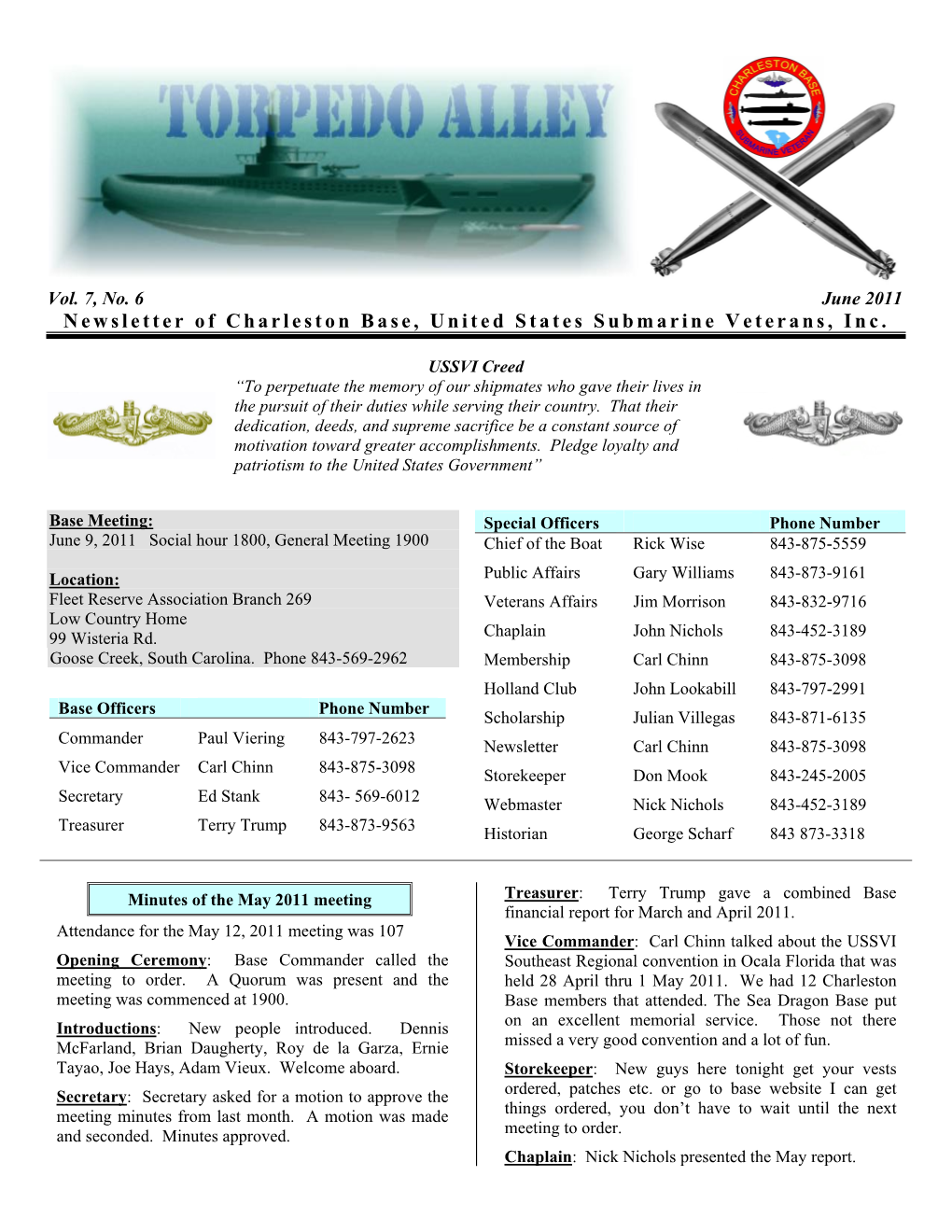 Newsletter of Charleston Base, United States Submarine Veterans, Inc