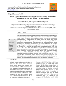 A New Approach of Hurdle Technology to Preserve Mango Fruit with the Application of Aloe Vera Gel and Calcium Chloride