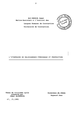 ALI-KHODJA Jamel Maître-Assistant À L'institut Des Langues Romanes De Constantine Université De Constantine