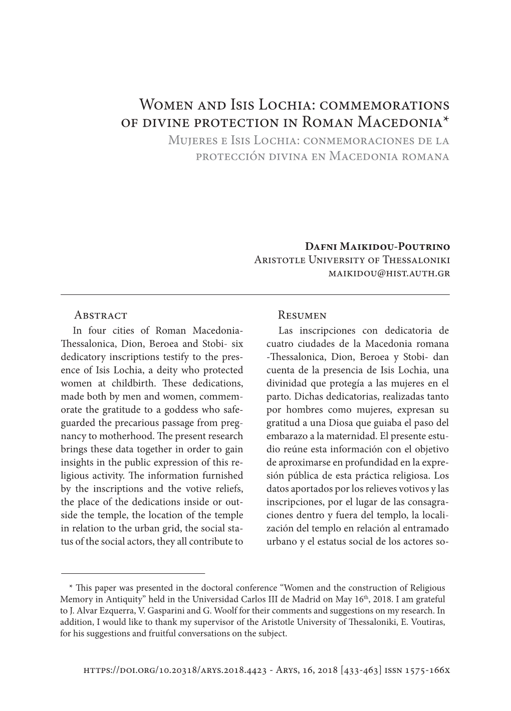 Women and Isis Lochia: Commemorations of Divine Protection in Roman Macedonia* Mujeres E Isis Lochia: Conmemoraciones De La Protección Divina En Macedonia Romana