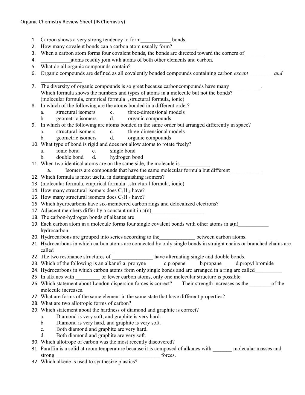 Organic Chemistry Review Sheet (IB Chemistry)