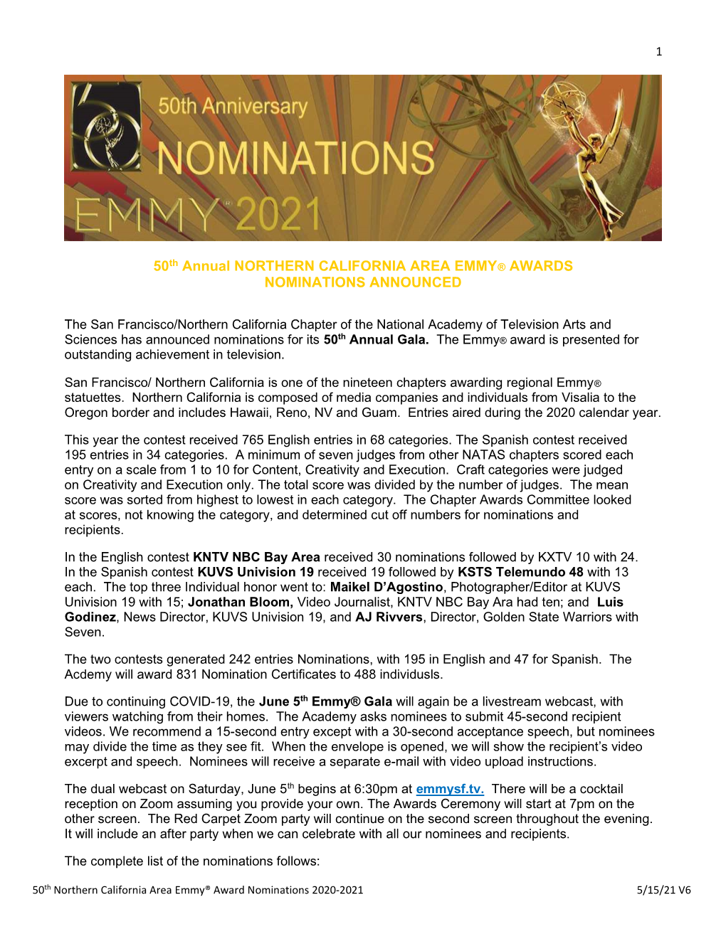 50Th Annual NORTHERN CALIFORNIA AREA EMMY® AWARDS NOMINATIONS ANNOUNCED