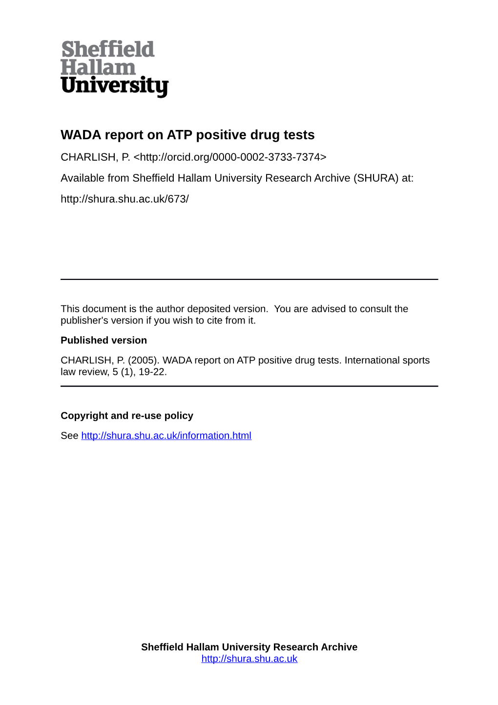 WADA Report on ATP Positive Drug Tests CHARLISH, P