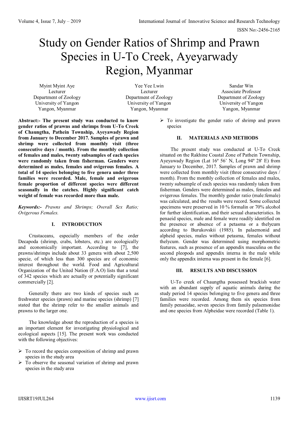 Study on Gender Ratios of Shrimp and Prawn Species in U-To Creek, Ayeyarwady Region, Myanmar