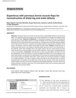 Experience with Peroneus Brevis Muscle Flaps for Reconstruction of Distal Leg and Ankle Defects Original Article