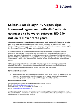 Soltech's Subsidiary NP-Gruppen Signs Framework Agreement with HBV, Which Is Estimated to Be Worth Between 150-250 Million SEK Over Three Years