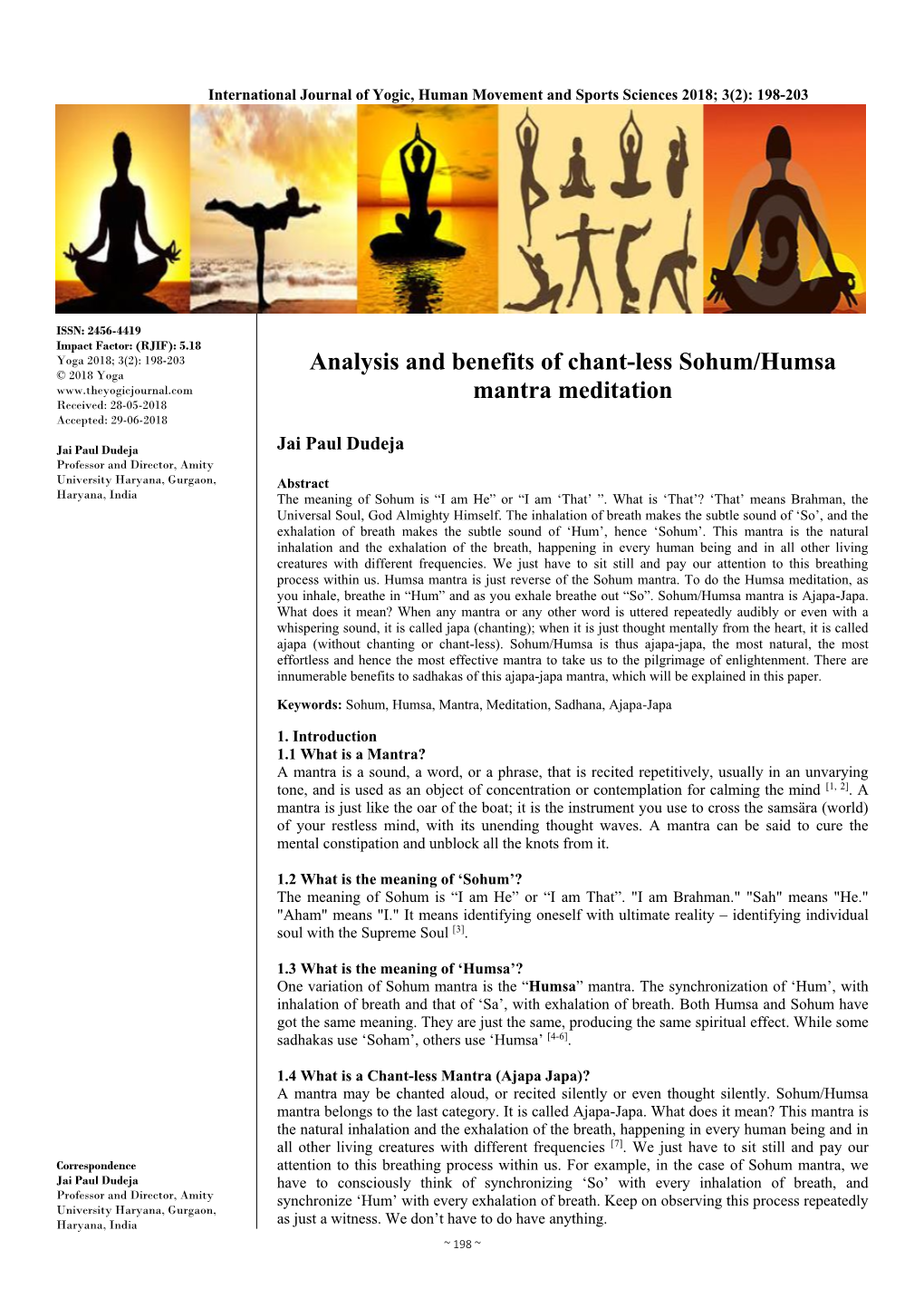 Analysis and Benefits of Chant-Less Sohum/Humsa Mantra Meditation