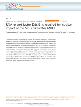 RNA Export Factor Ddx19 Is Required for Nuclear Import of the SRF Coactivator MKL1
