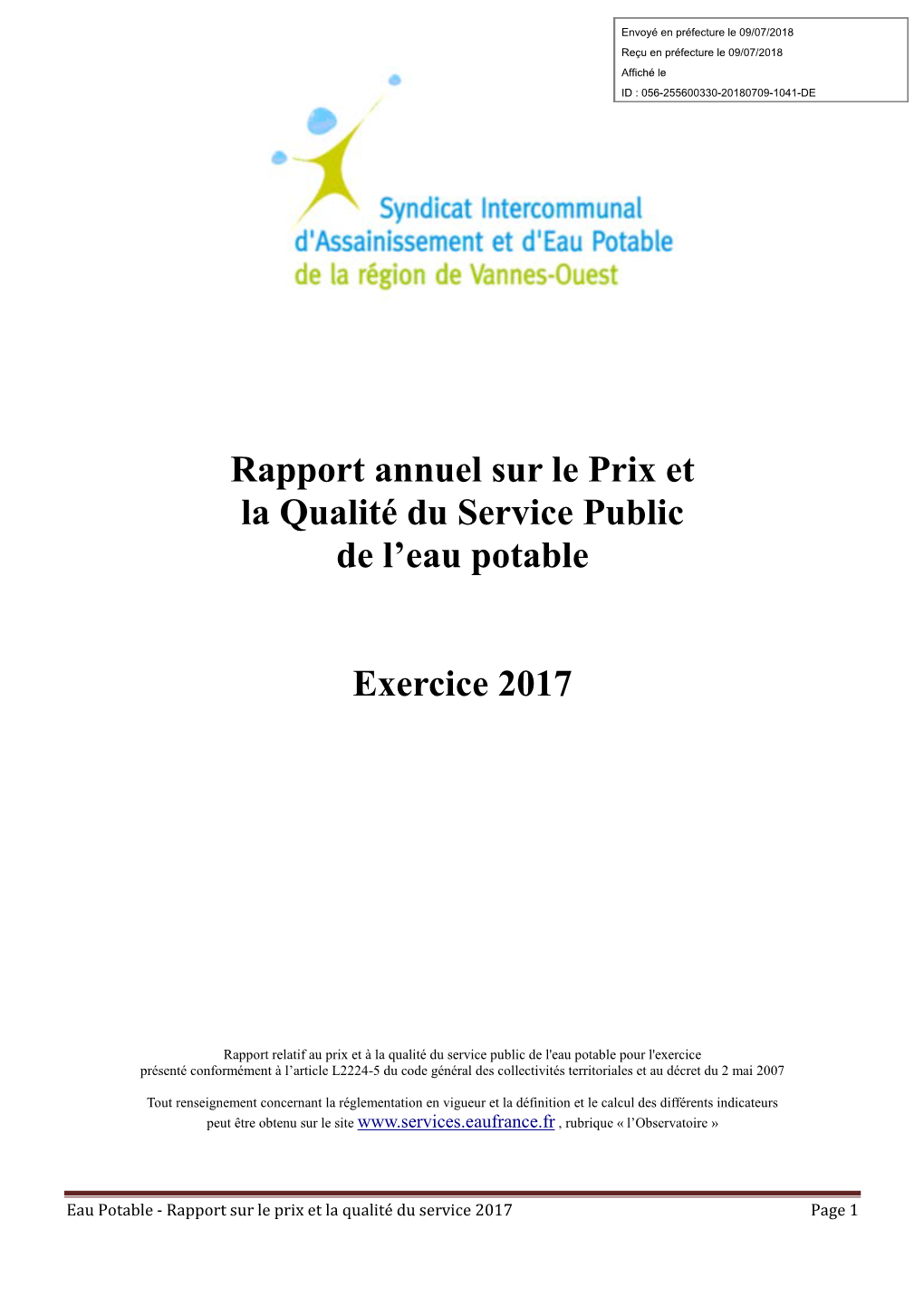 Rapport Annuel Sur Le Prix Et La Qualité Du Service Public D'eau Potable