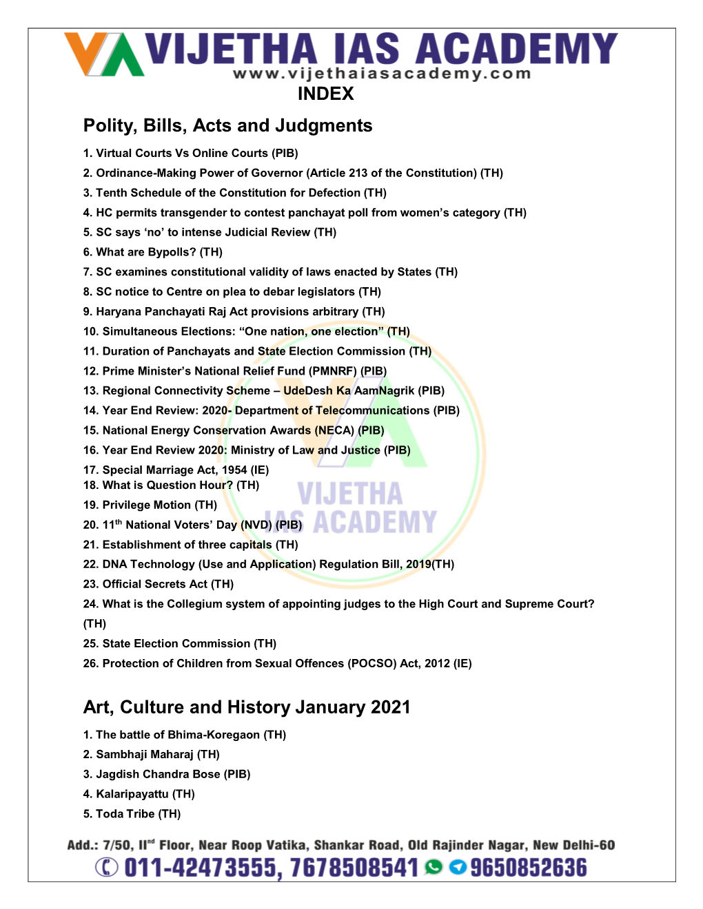 Polity, Bills, Acts and Judgments Art, Culture and History January 2021