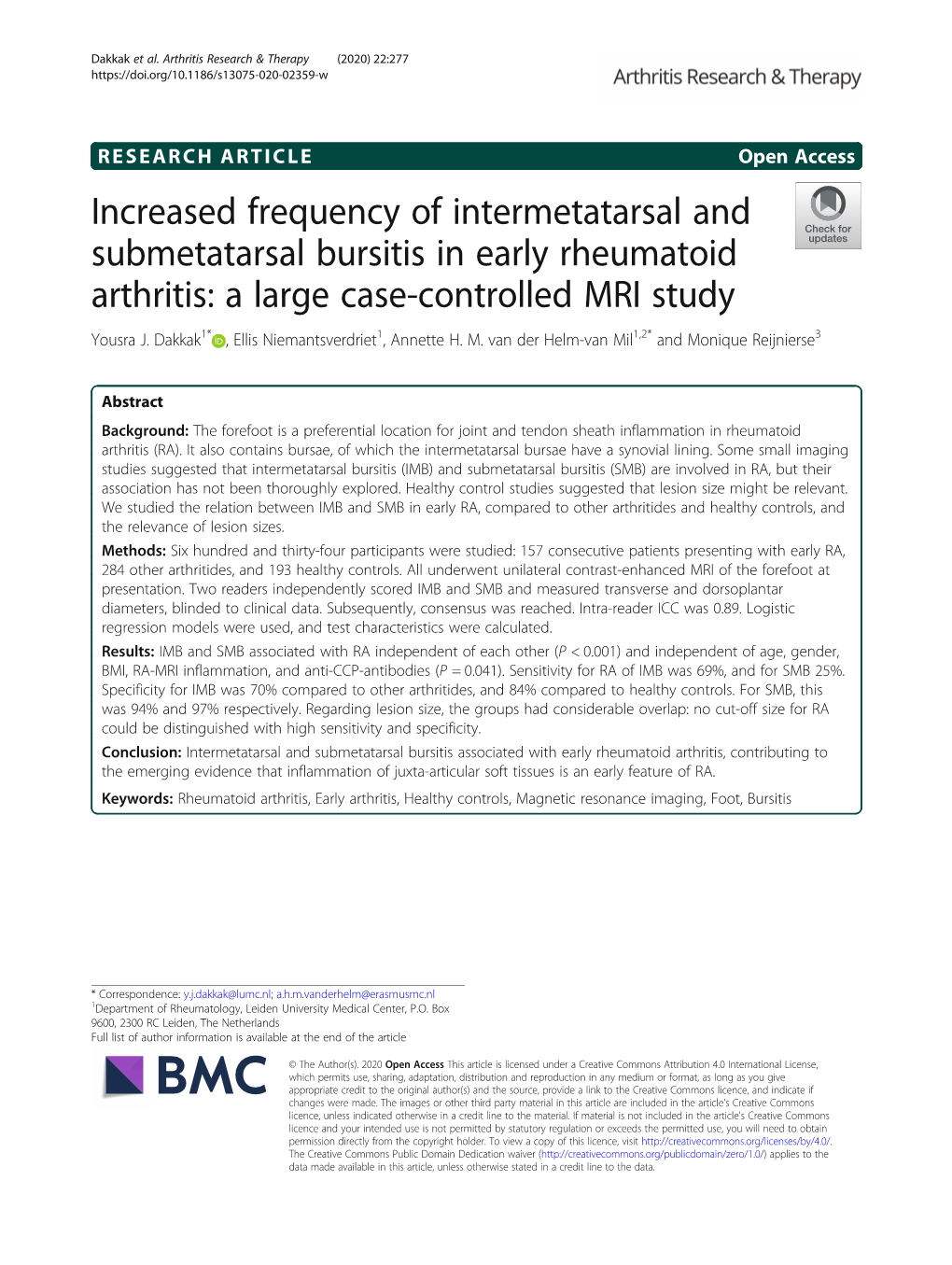 Increased Frequency of Intermetatarsal and Submetatarsal Bursitis in Early Rheumatoid Arthritis: a Large Case-Controlled MRI Study Yousra J