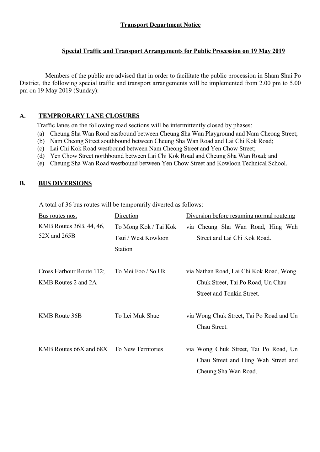 Transport Department Notice Special Traffic and Transport Arrangements