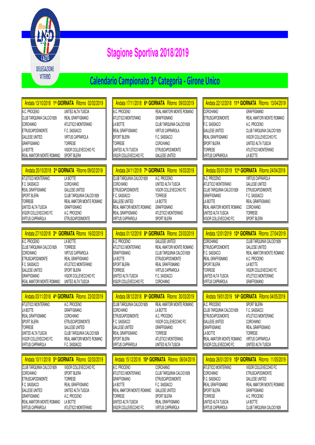 Calendario 3^ Categoria Girone A