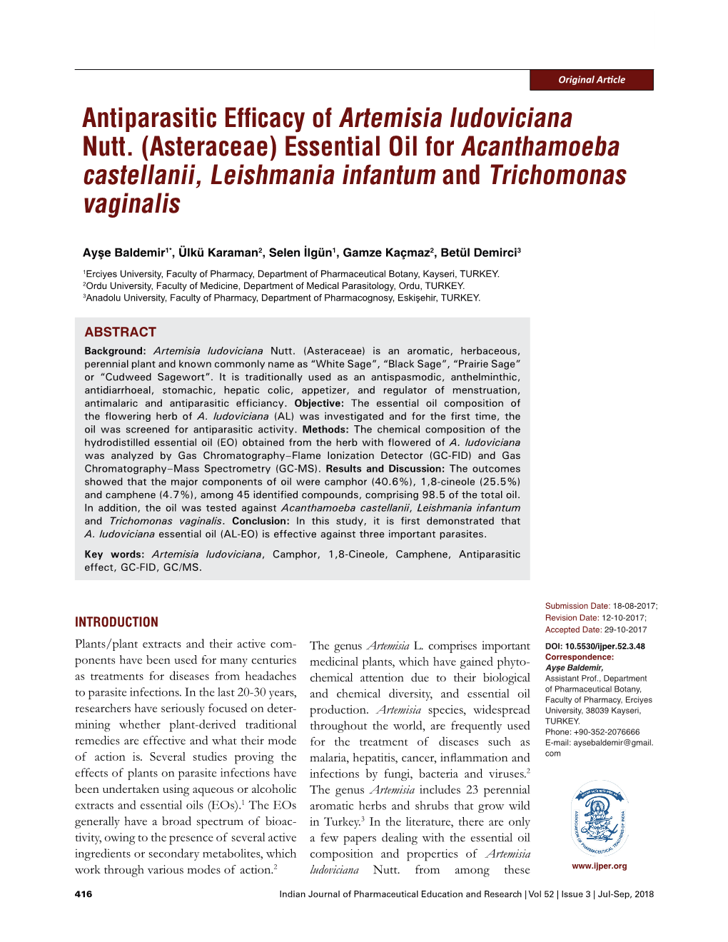 Antiparasitic Efficacy of Artemisia Ludoviciana Nutt. (Asteraceae) Essential Oil for Acanthamoeba Castellanii, Leishmania Infantum and Trichomonas Vaginalis