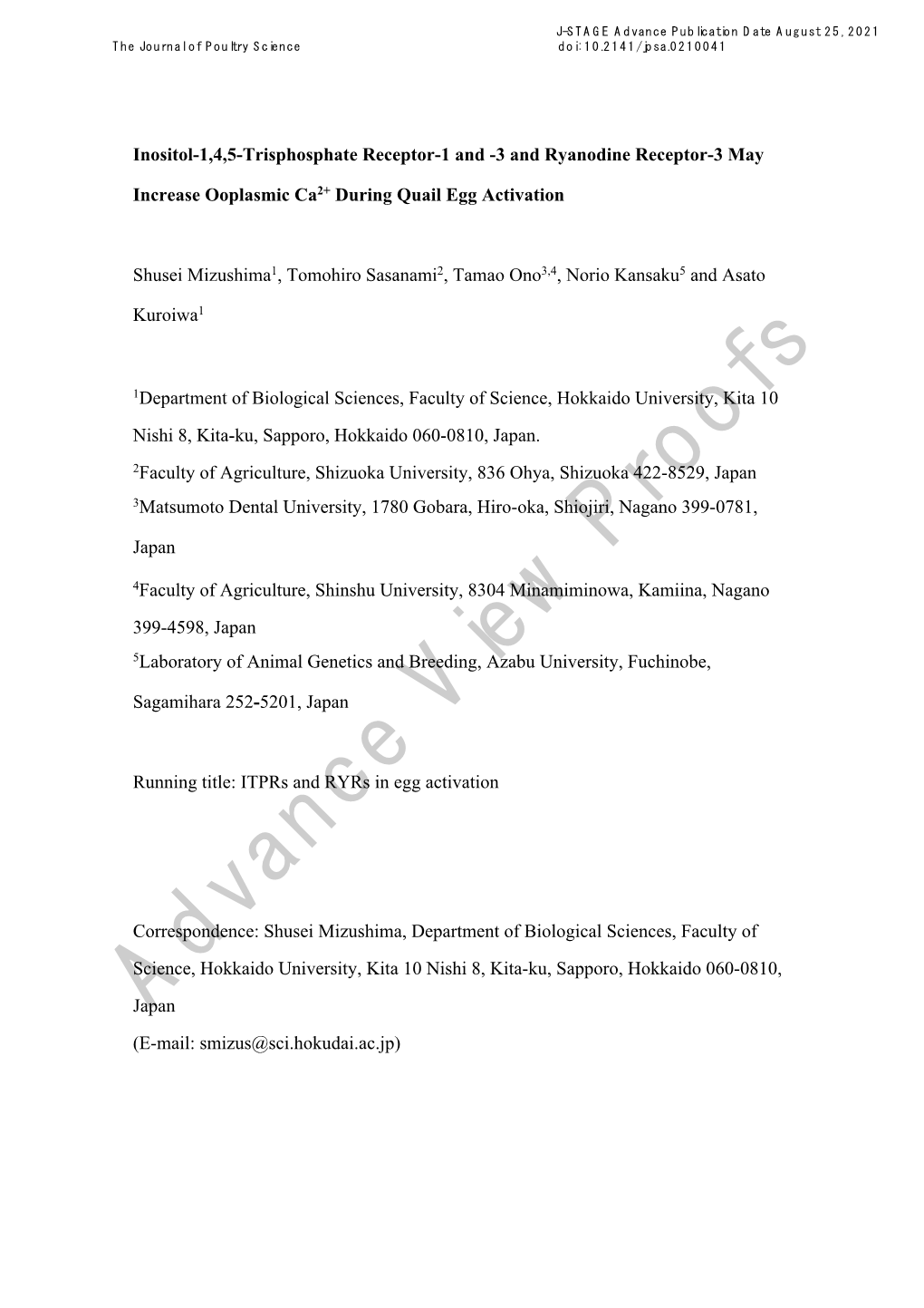 Advance View Proofs (E-Mail: Smizus@Sci.Hokudai.Ac.Jp) J-STAGE Advance Publication Date August 25, 2021 the Journal of Poultry Science Doi: 10.2141/Jpsa.0210041