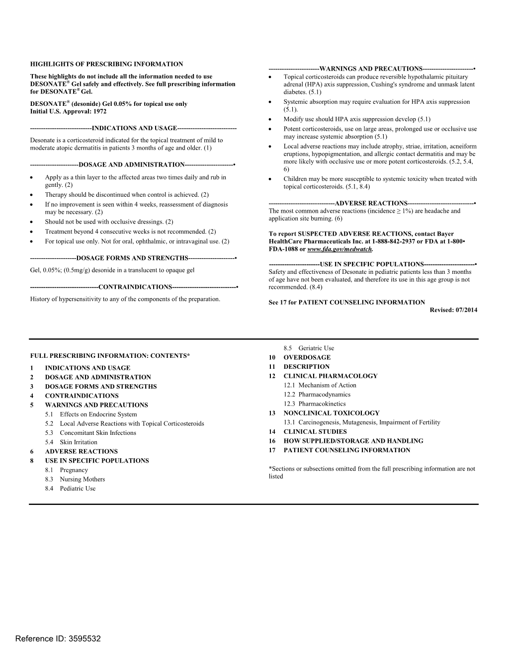 DESONATE® (Desonide) Gel 0.05% for Topical Use Only • Systemic Absorption May Require Evaluation for HPA Axis Suppression Initial U.S