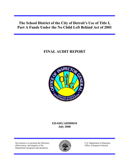 The School District of the City of Detroit's Use of Title I, Part a Funds