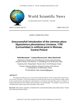 Unsuccessfull Introduction of the Common Pleco Hypostomus Plecostomus Linnaeus, 1758 (Loricariidae) in Artificial Pond in Warsaw, Central Poland