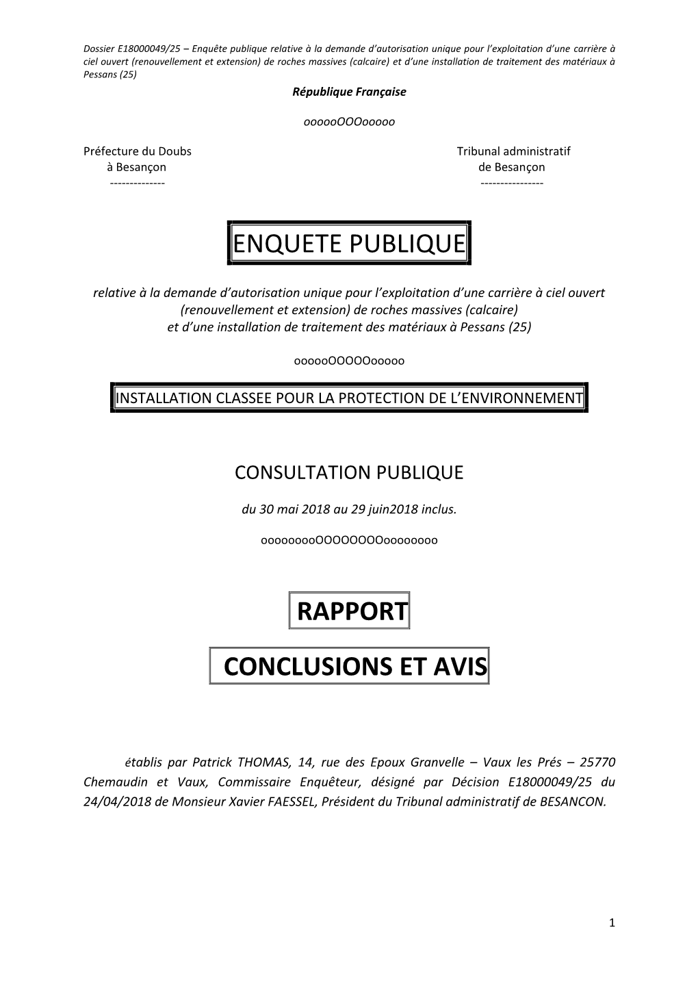 Enquete Publique Rapport Conclusions Et Avis